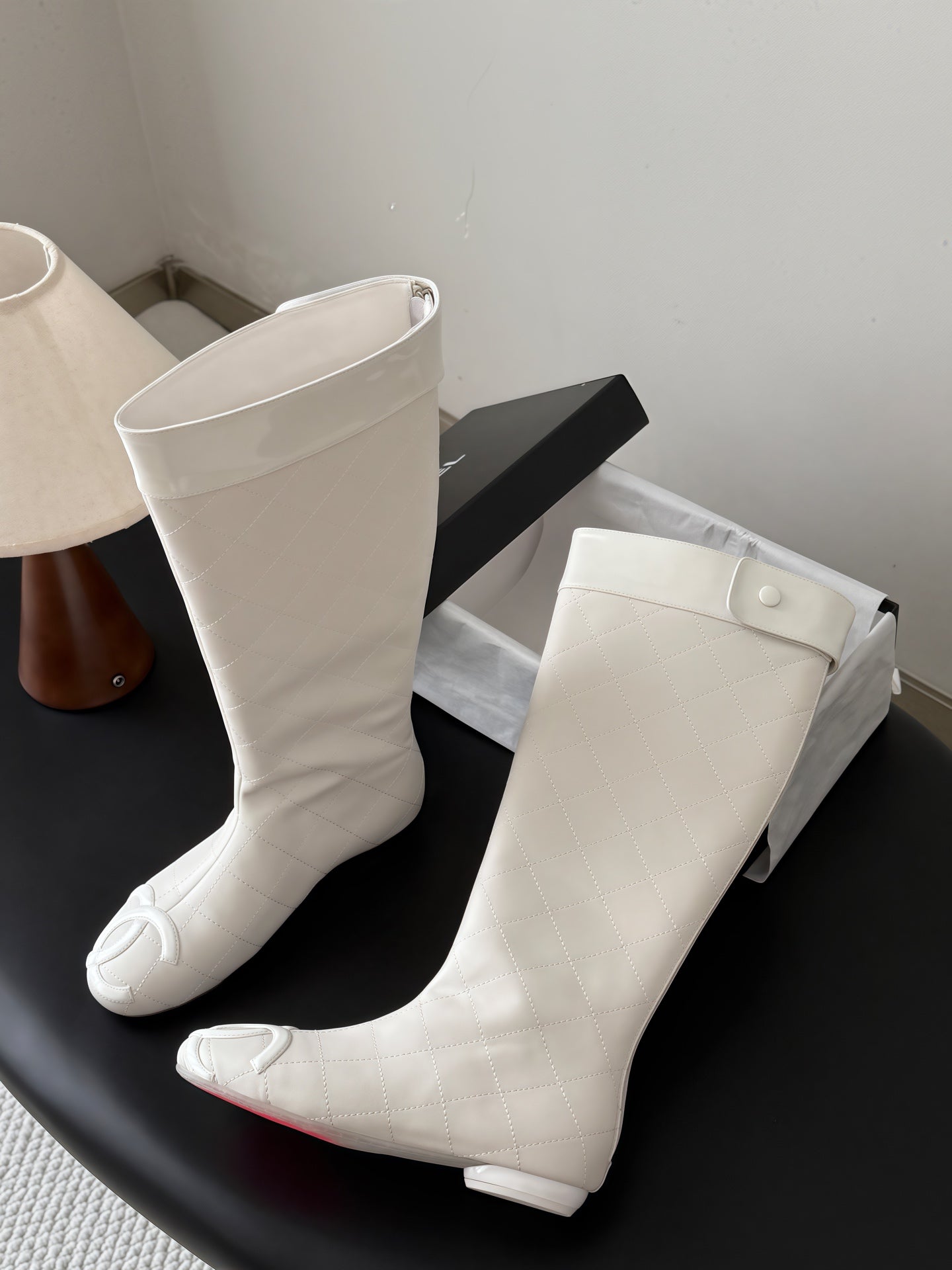 CC 26s Cambon Quilted Tall Flat Boots Ivory White Calfskin 969725