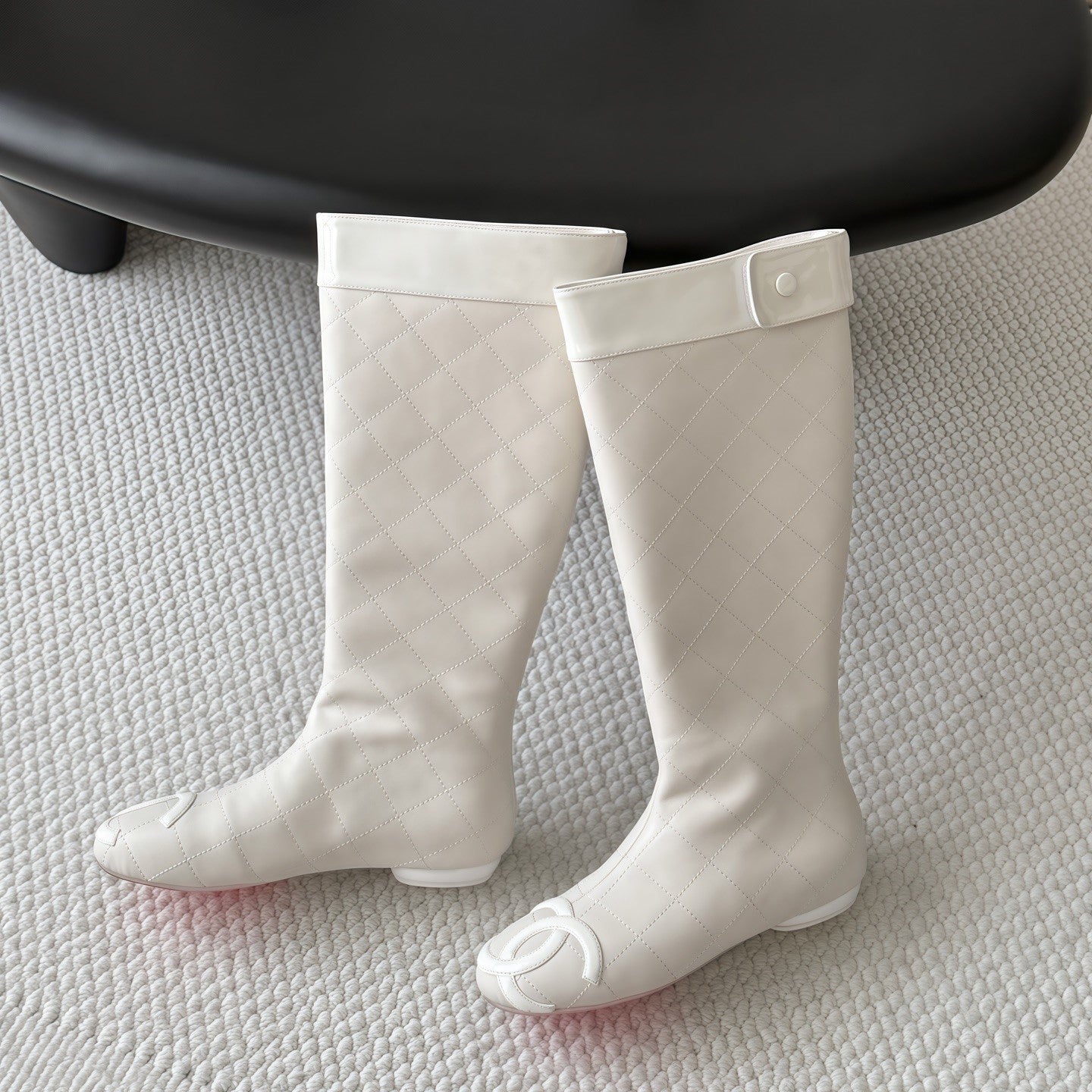 CC 26s Cambon Quilted Tall Flat Boots Ivory White Calfskin 969725