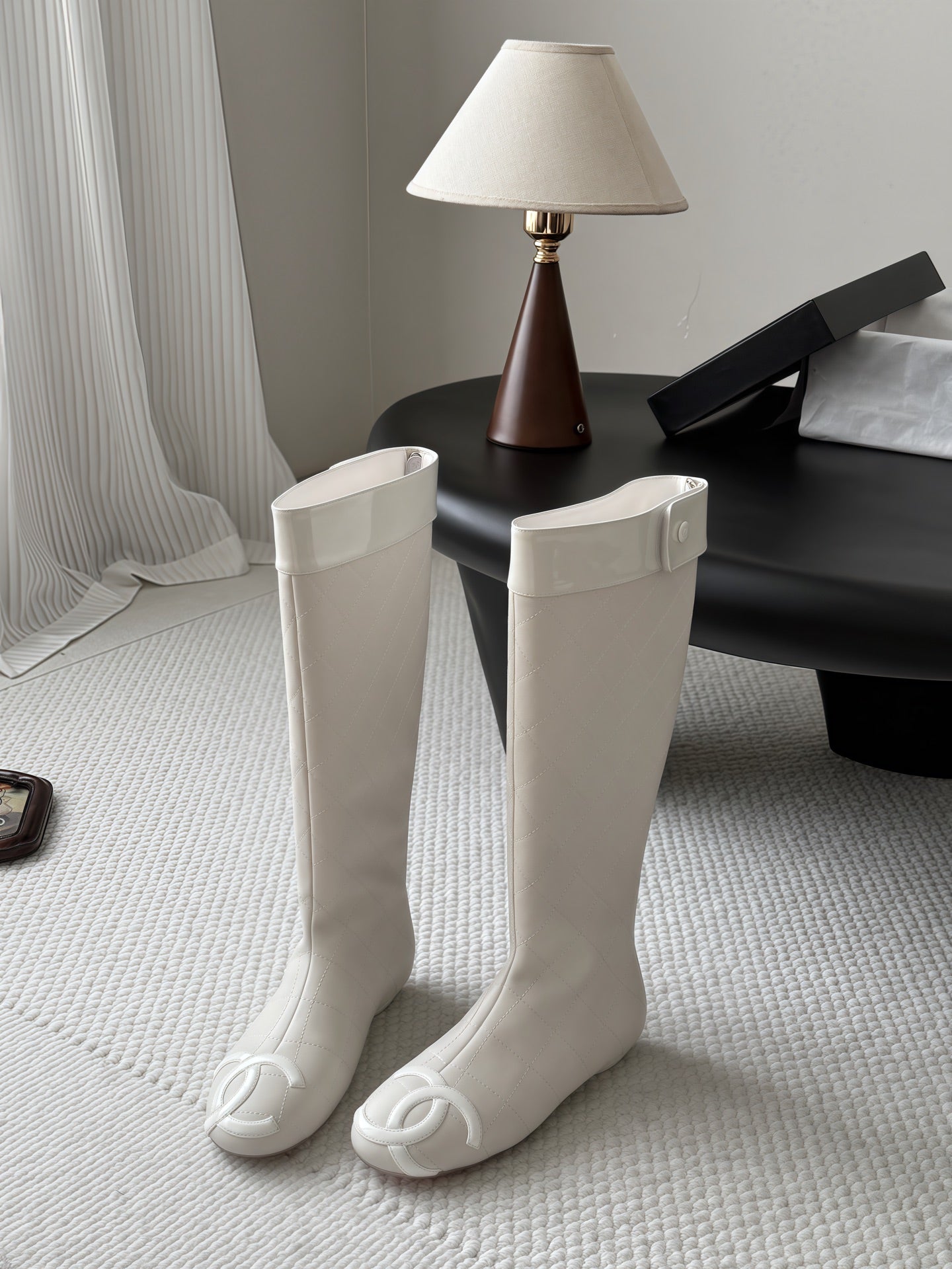CC 26s Cambon Quilted Tall Flat Boots Ivory White Calfskin 969725