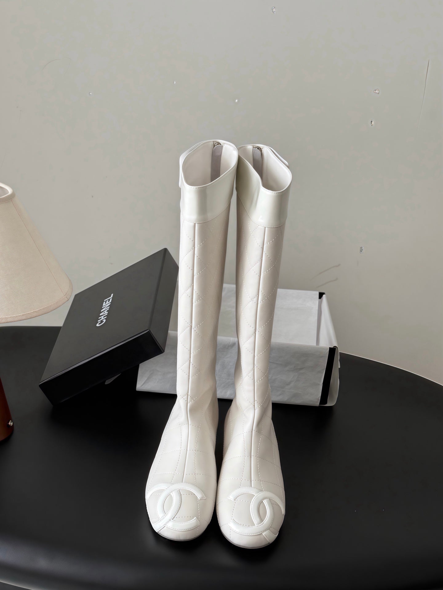 CC 26s Cambon Quilted Tall Flat Boots Ivory White Calfskin 969725