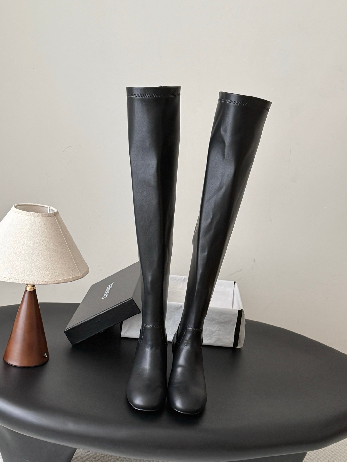 CC 26s Chunky Heel Elastic Boots 5cm Black Leather 969719