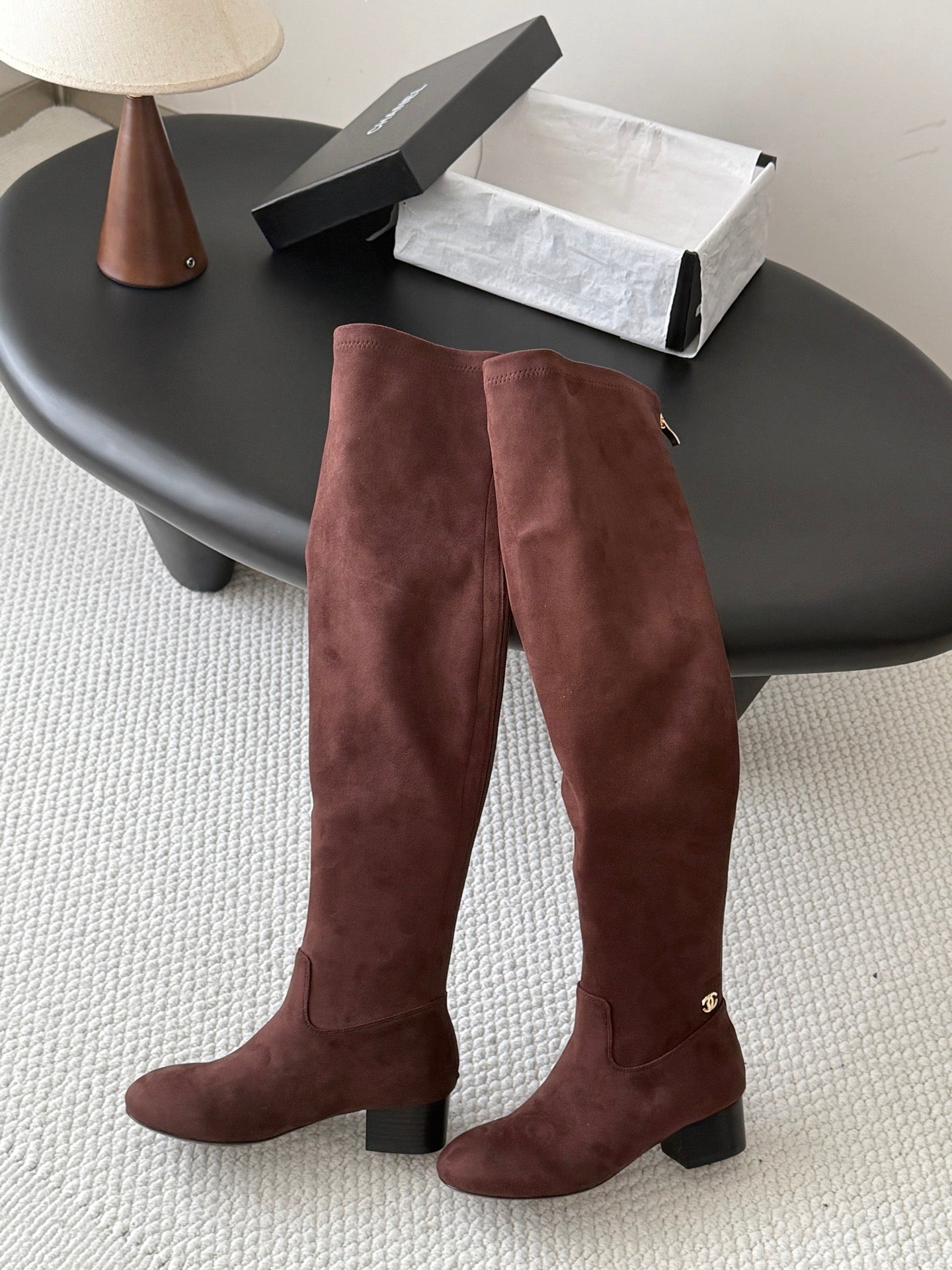 CC 26s Chunky Heel Elastic Boots 5cm Coffee Suede 969722
