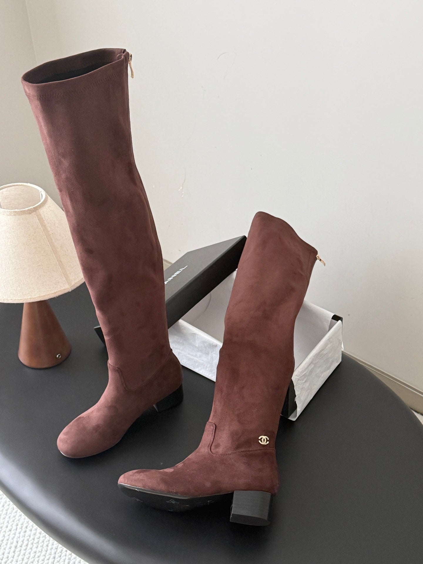 CC 26s Chunky Heel Elastic Boots 5cm Coffee Suede 969722