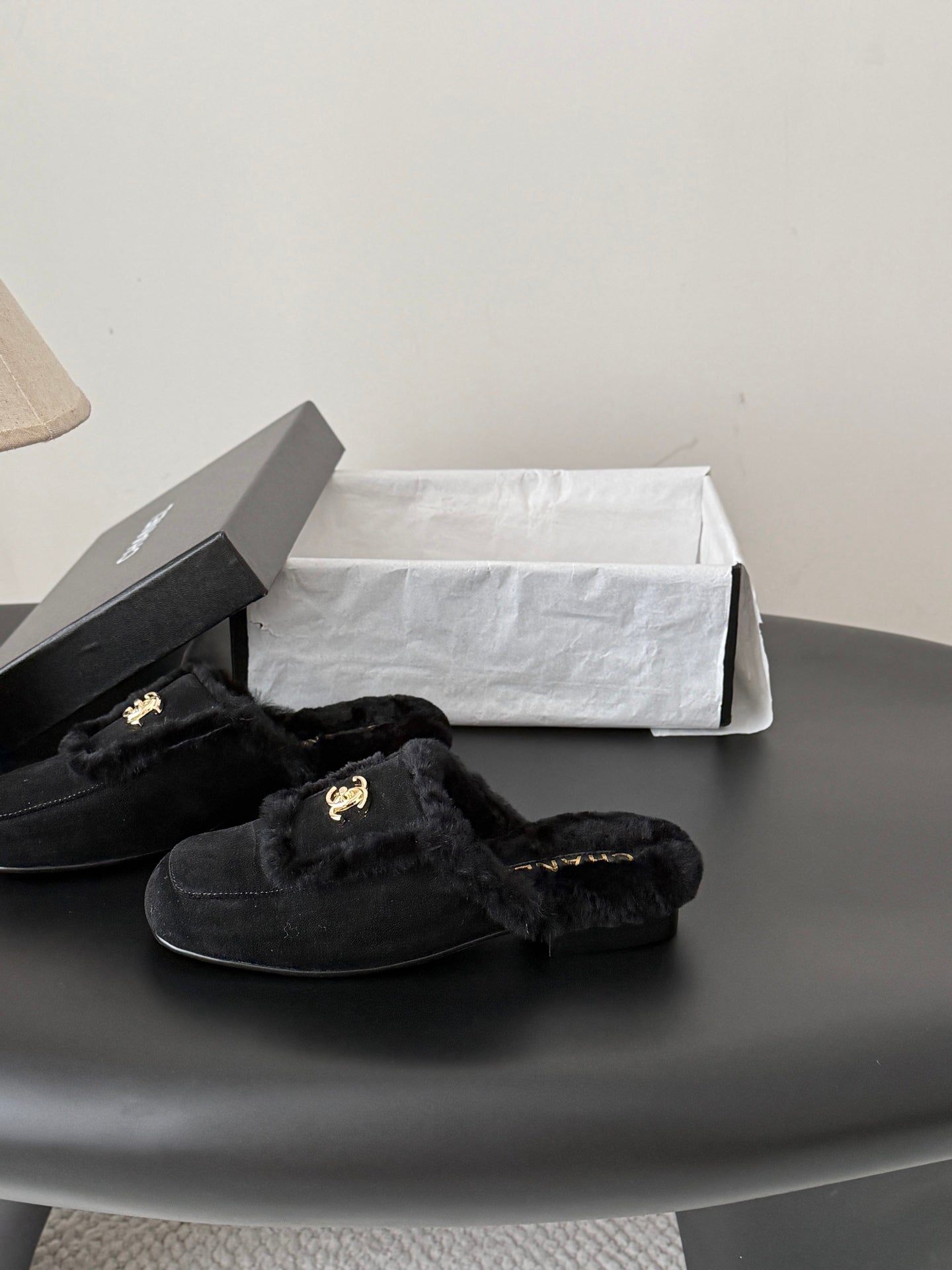 CC 26s Slip-On Mules Black Fluffy Shearling Suede 969726