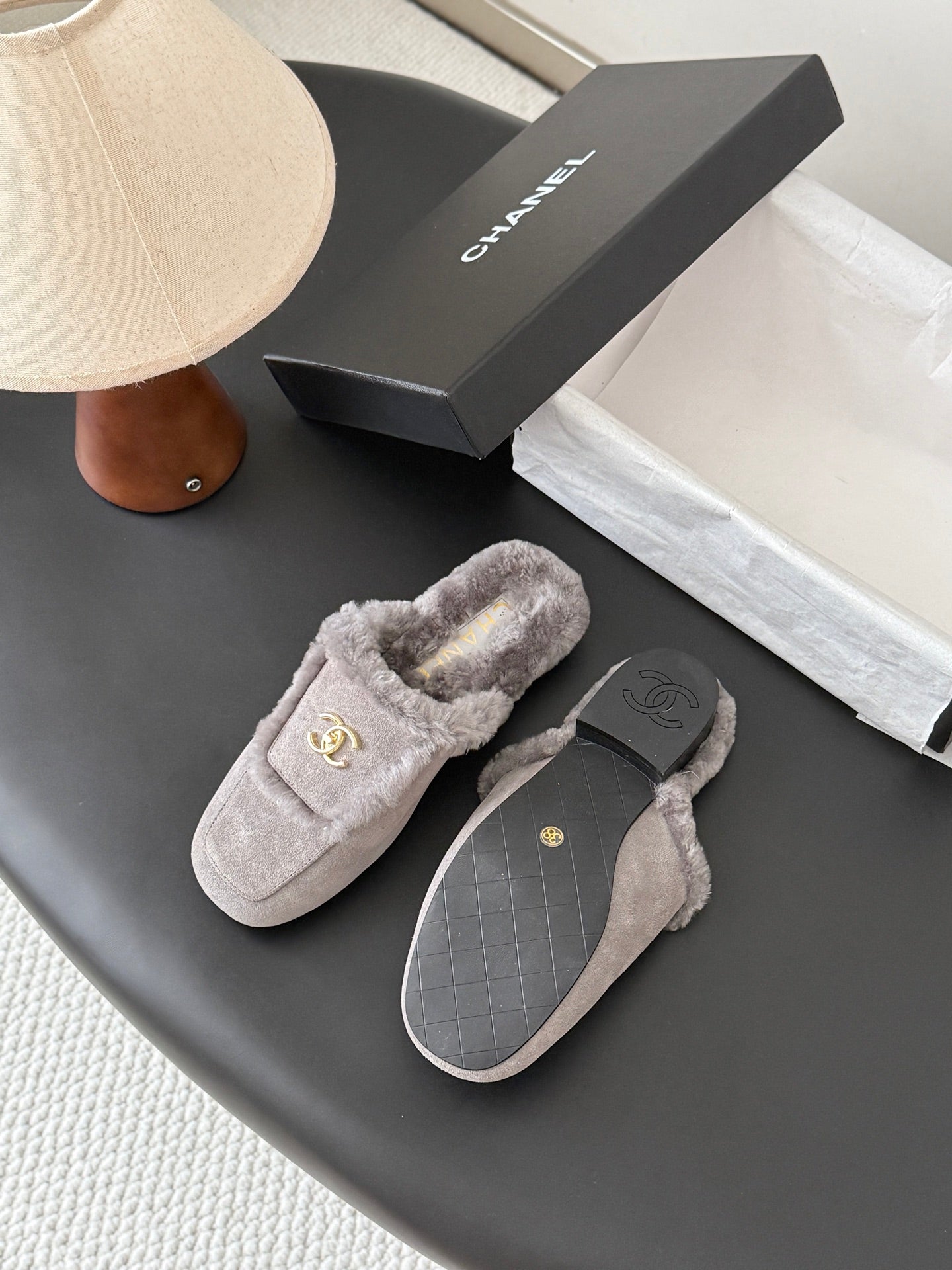 CC 26s Slip-On Mules Light Beige Fluffy Shearling Suede 969728
