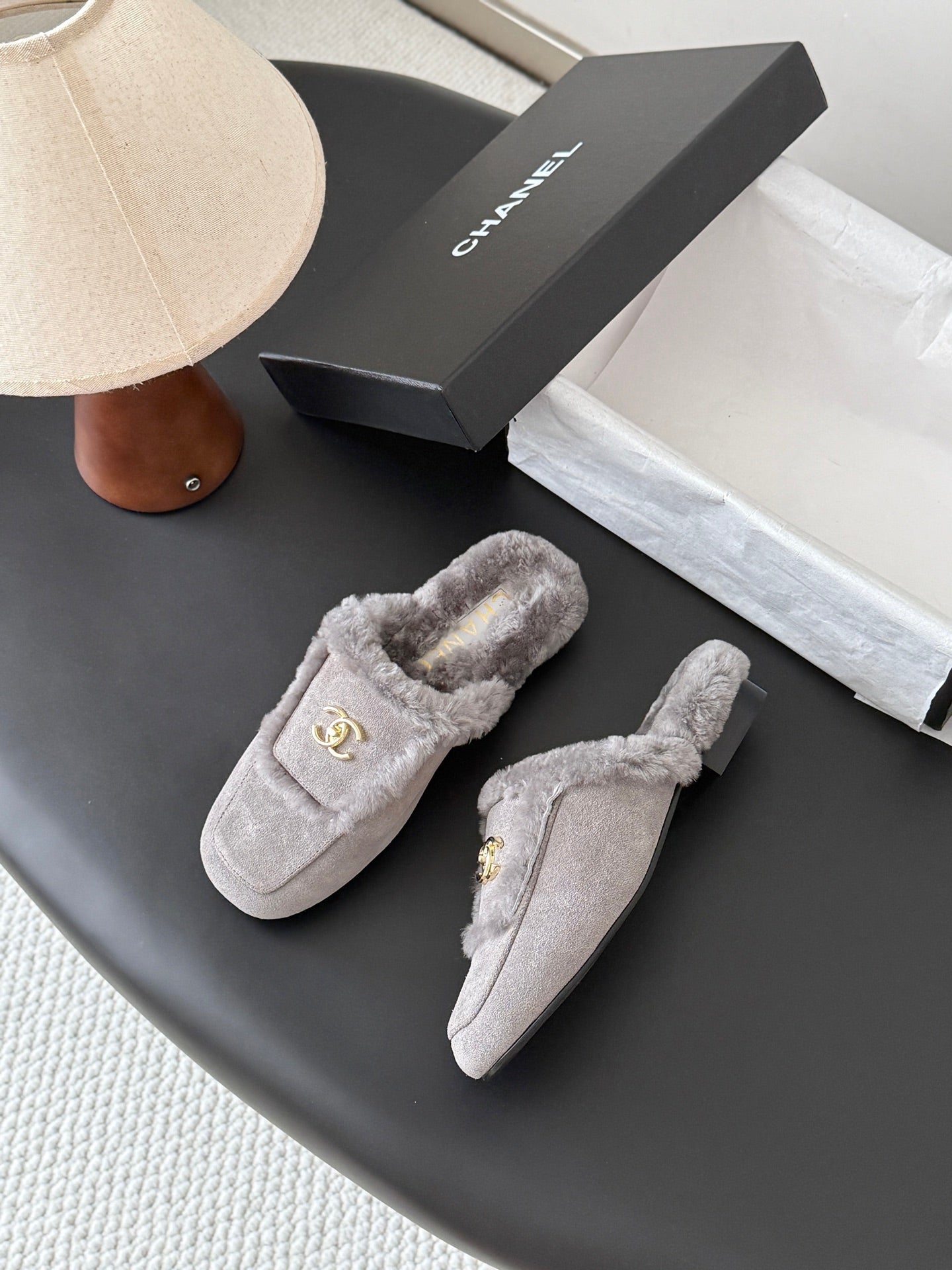 CC 26s Slip-On Mules Light Beige Fluffy Shearling Suede 969728