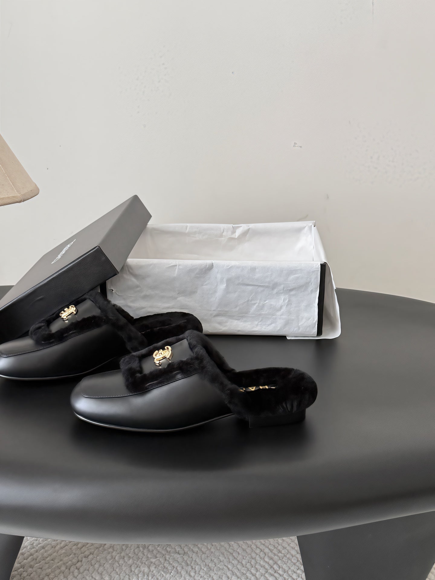 CC 26s Slip-On Mules Black Fluffy Shearling Leather 969730