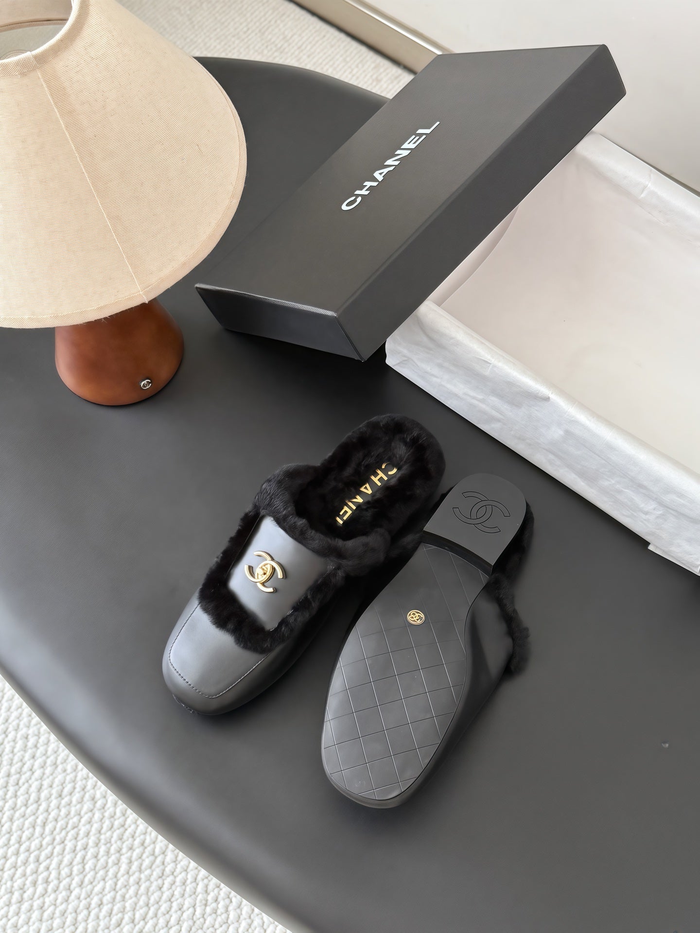 CC 26s Slip-On Mules Black Fluffy Shearling Leather 969730