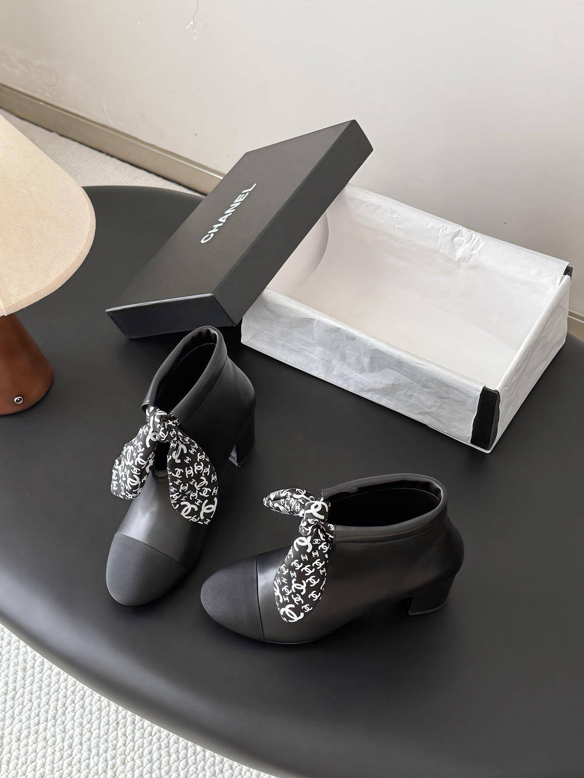 CC 26s Silk Scarf Ankle Boots Black Leather Grosgrain 127893