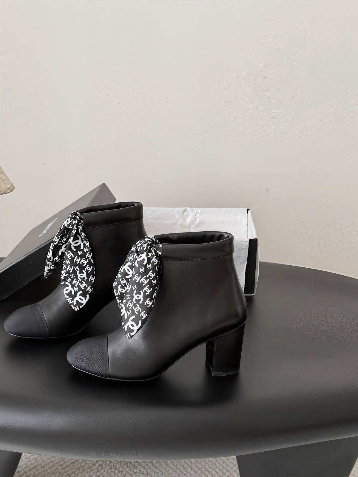 CC 26s Silk Scarf Ankle Boots Black Leather Grosgrain 127893