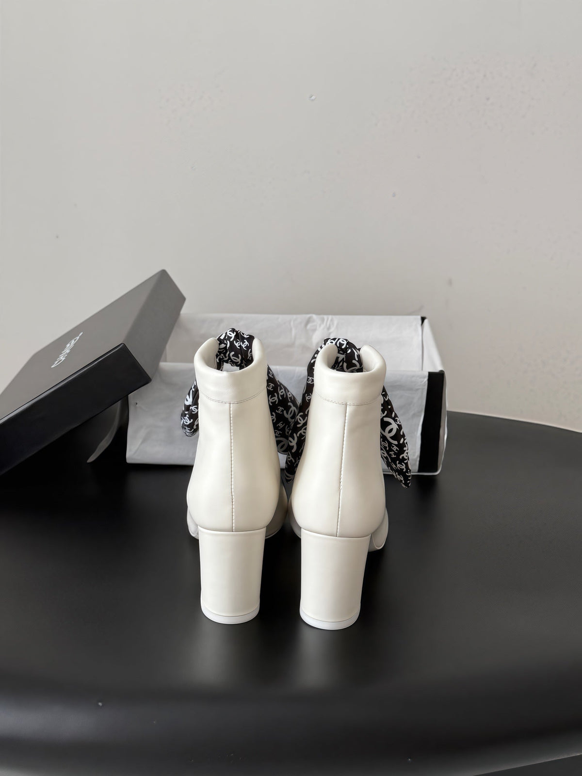 CC 26s Silk Scarf Ankle Boots White Black Leather Grosgrain 127894