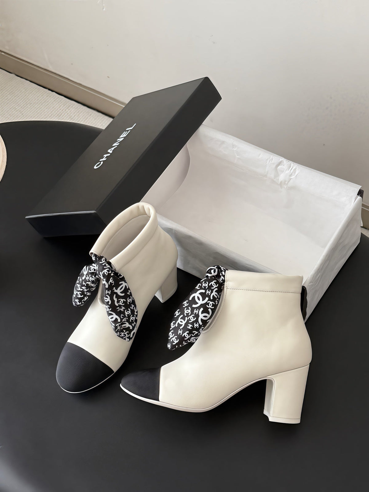 CC 26s Silk Scarf Ankle Boots White Black Leather Grosgrain 127894