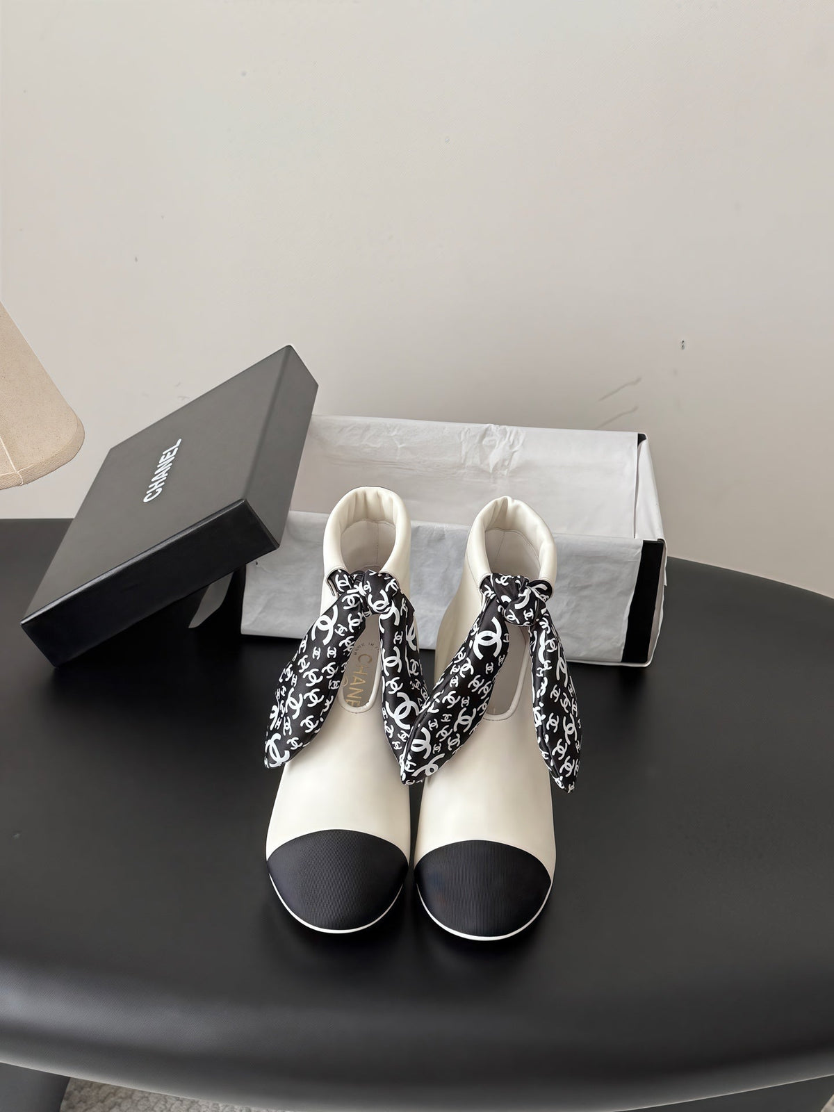 CC 26s Silk Scarf Ankle Boots White Black Leather Grosgrain 127894