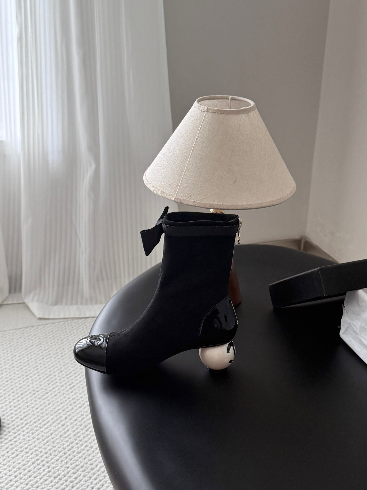 CC 26s Pearl Heel Ankle Boots Black Suede Patent 127952