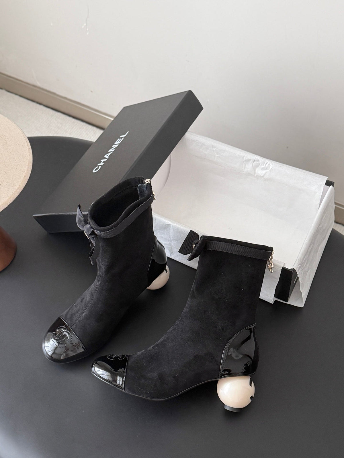 CC 26s Pearl Heel Ankle Boots Black Suede Patent 127952