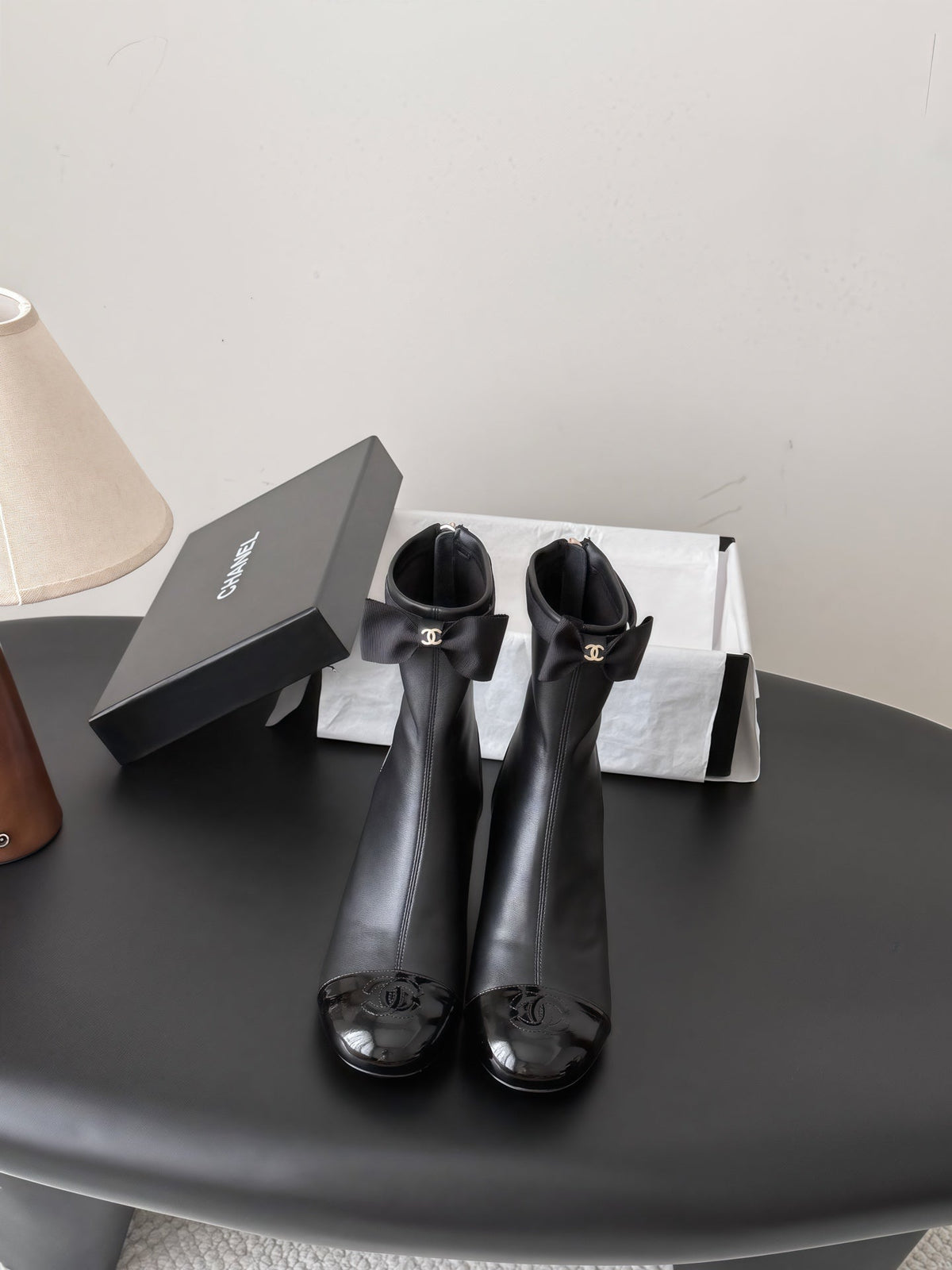 CC 26s Pearl Heel Ankle Boots Black Leather Patent 127953