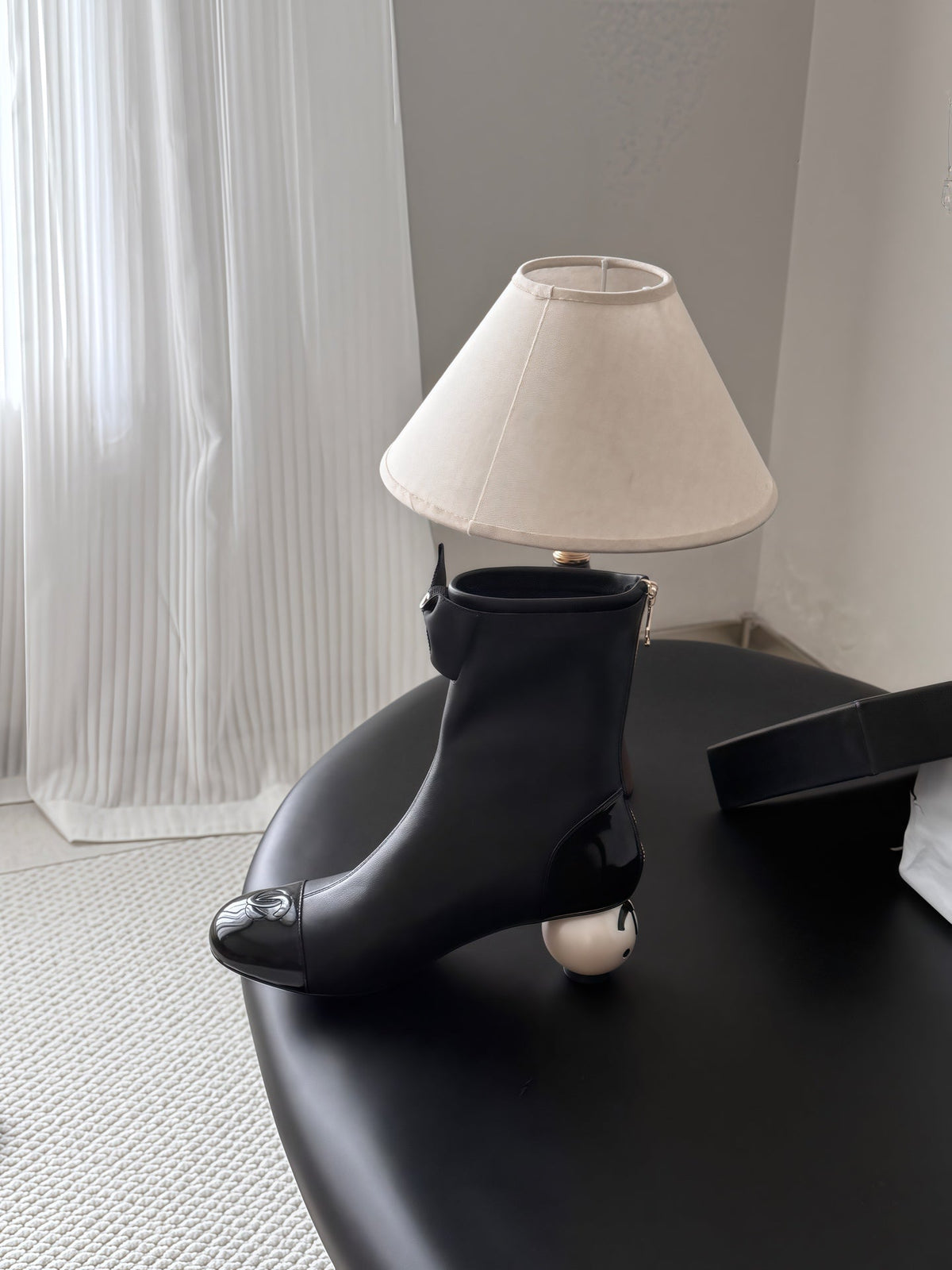 CC 26s Pearl Heel Ankle Boots Black Leather Patent 127953