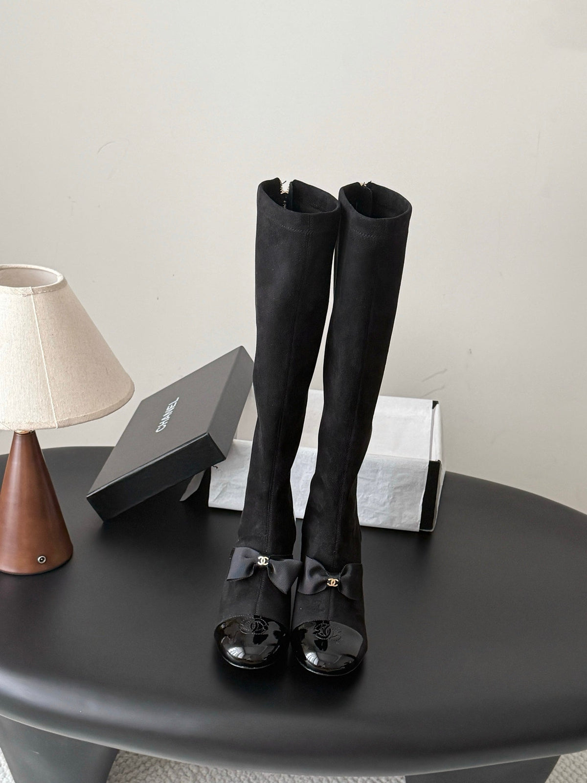 CC 26s Pearl Heel Knee High Boots Black Suede Patent 127955