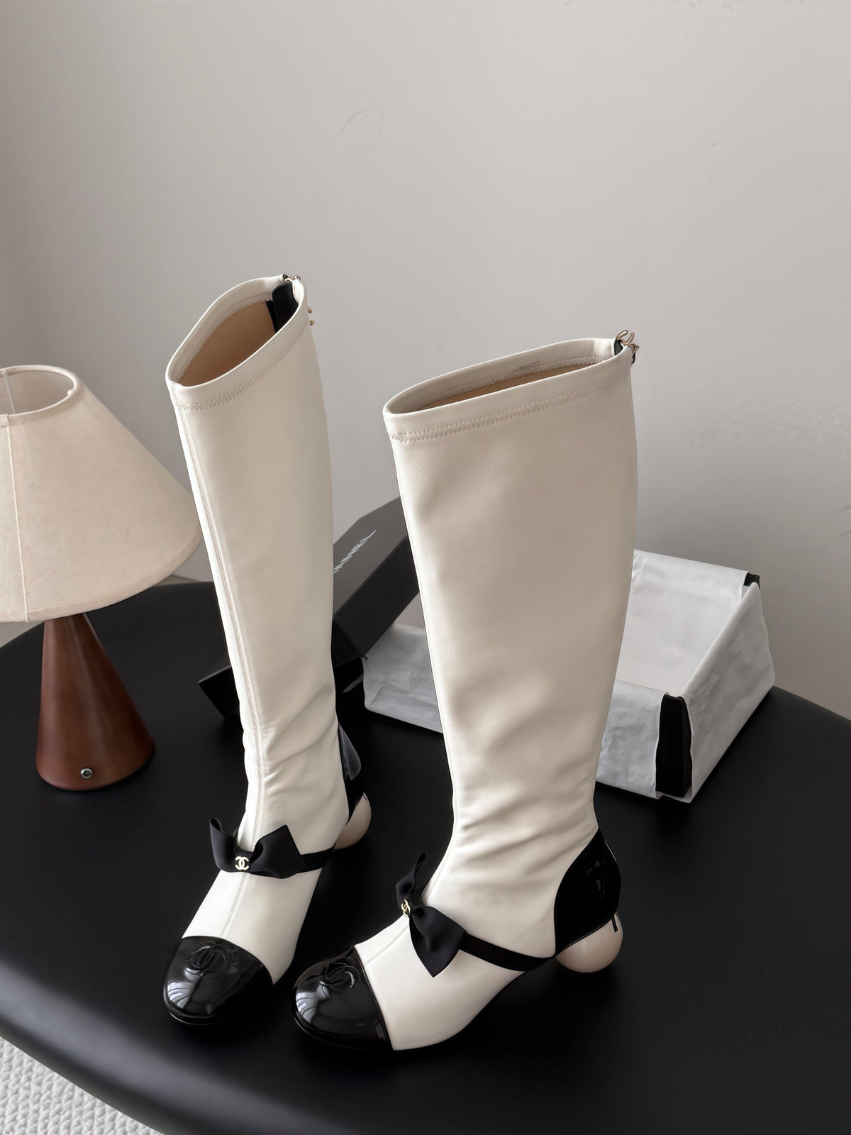 CC 26s Pearl Heel Knee High Boots White Black Leather Patent 127957