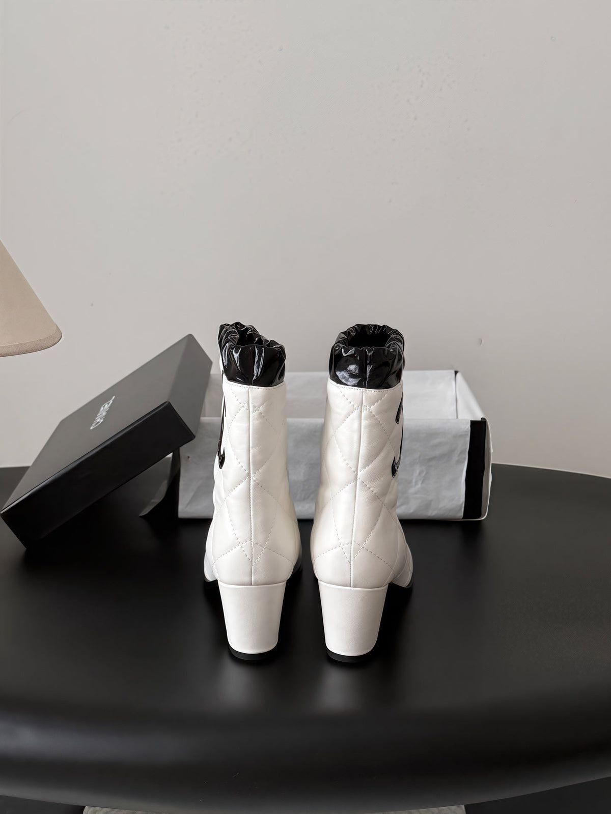 CC 26s Quilted Ankle Boots White Black Leather Patent 127991