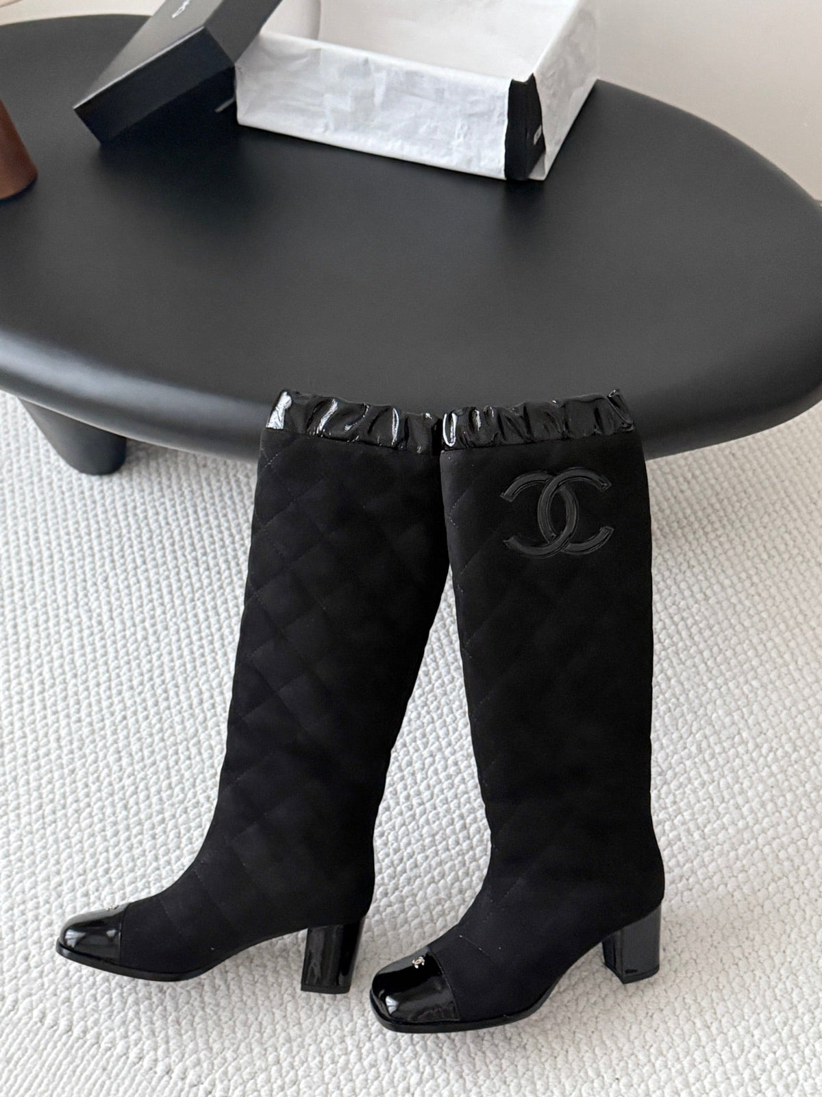 CC 26s Quilted Knee High Boots Black Suede Patent 127992