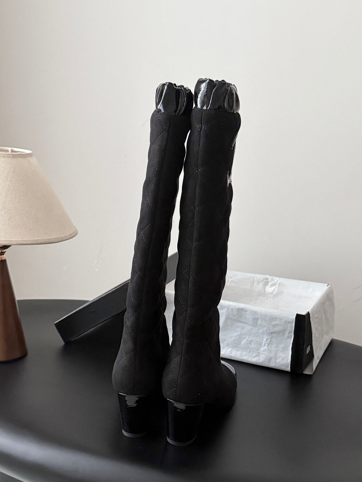 CC 26s Quilted Knee High Boots Black Suede Patent 127992