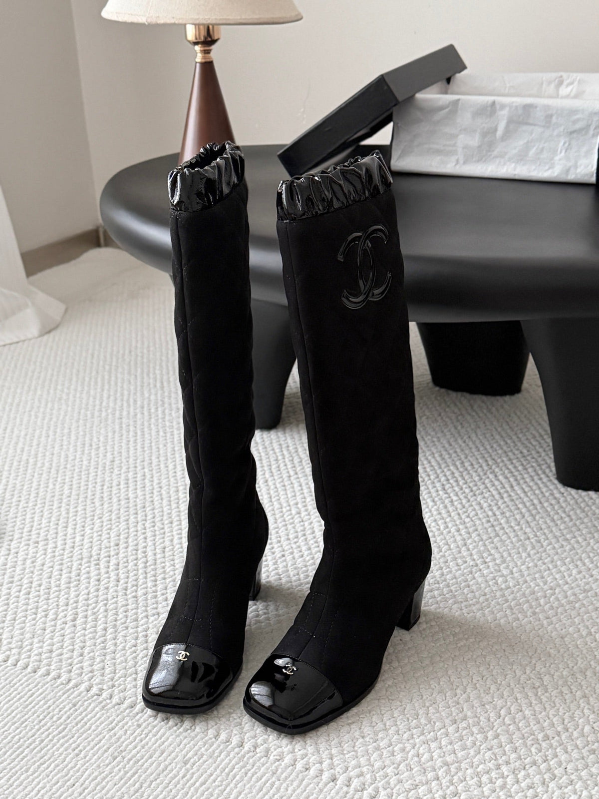 CC 26s Quilted Knee High Boots Black Suede Patent 127992