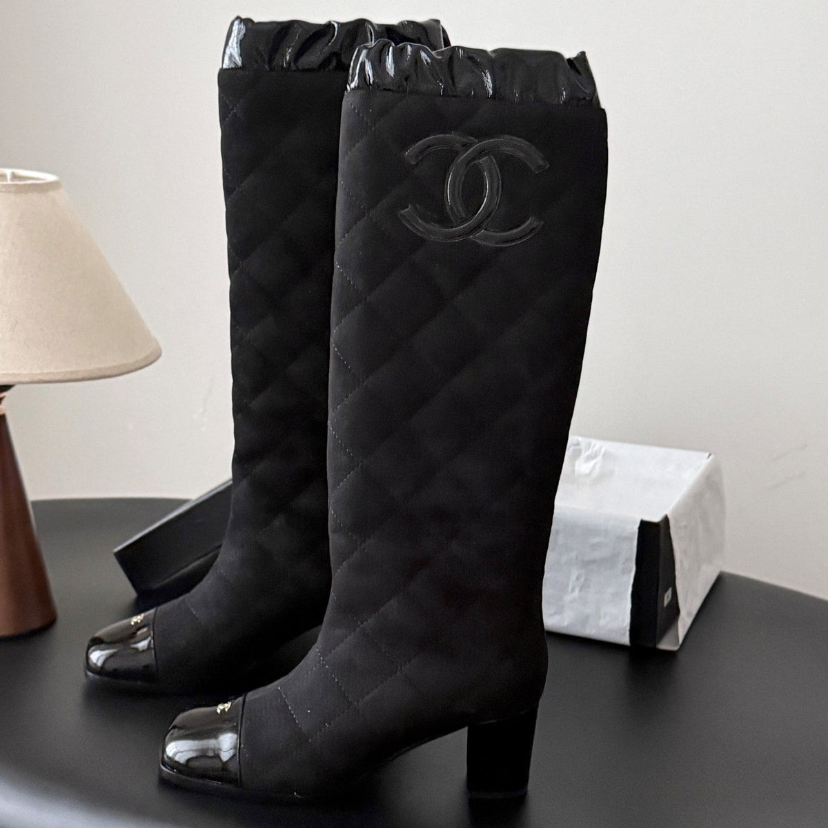 CC 26s Quilted Knee High Boots Black Suede Patent 127992
