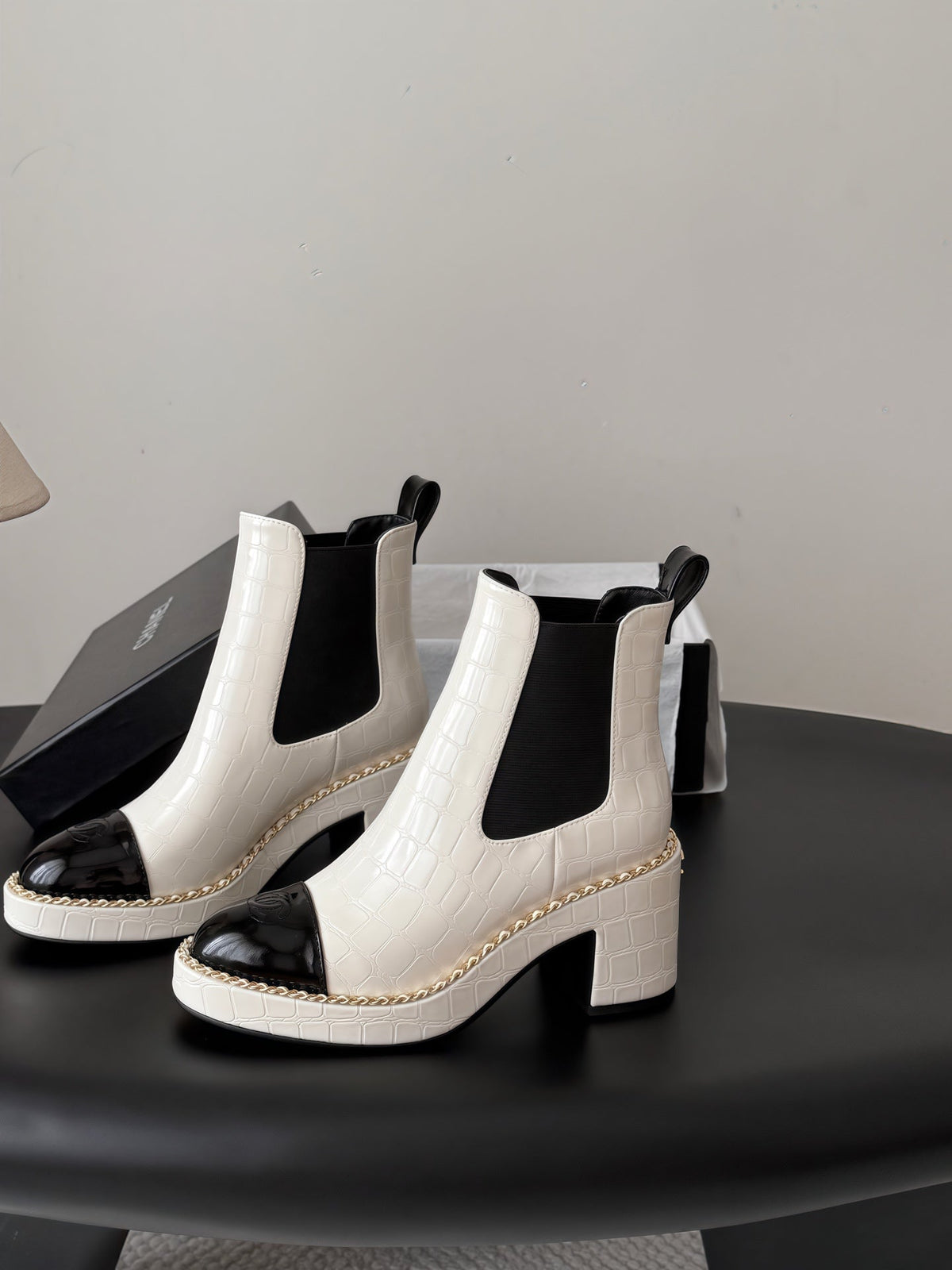 CC 26s Chelsea Ankle Boots White Black Crocodile Embossed Patent Leather 122420