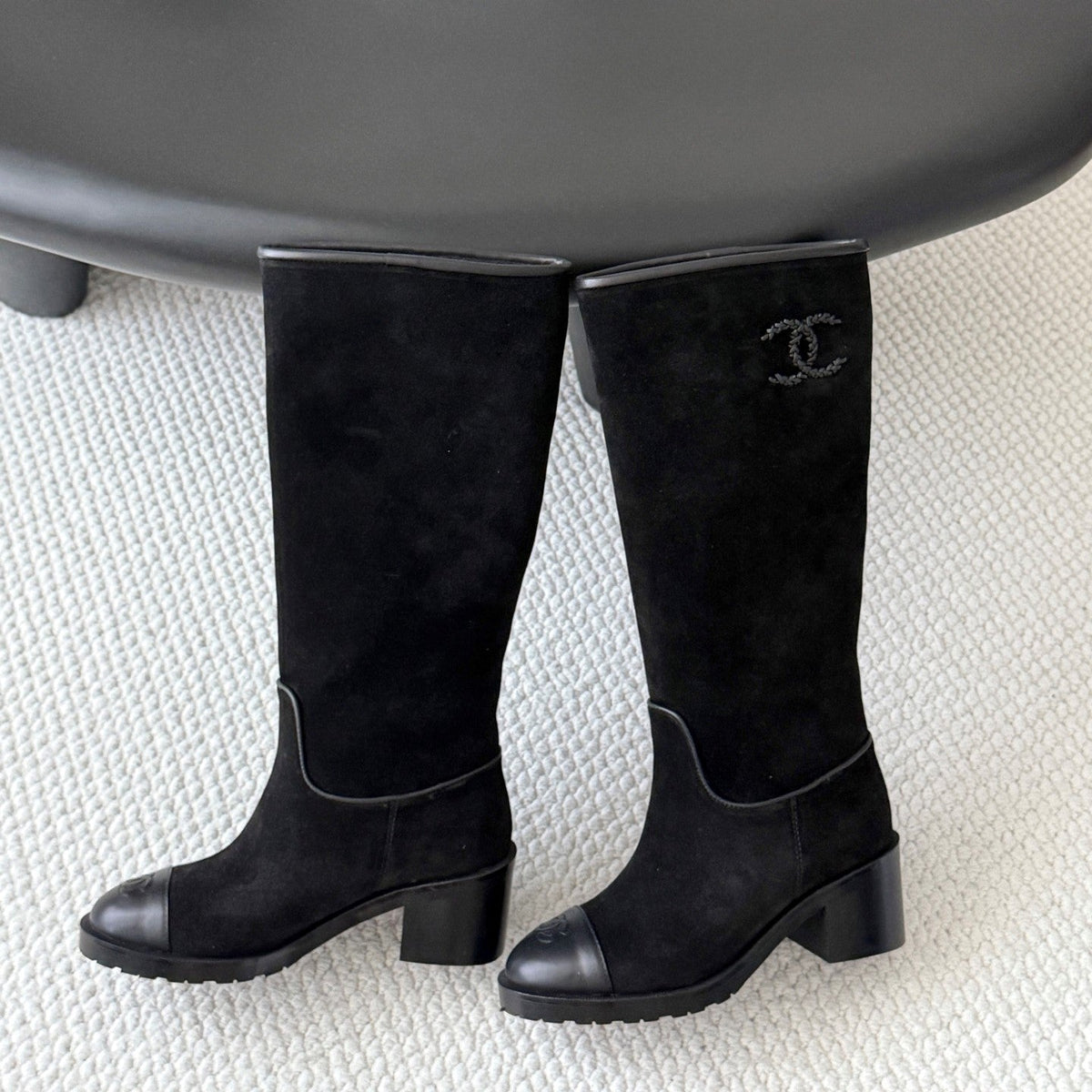 CC 26s Embroidered Logo Knee High Boots Black Black Suede 127791