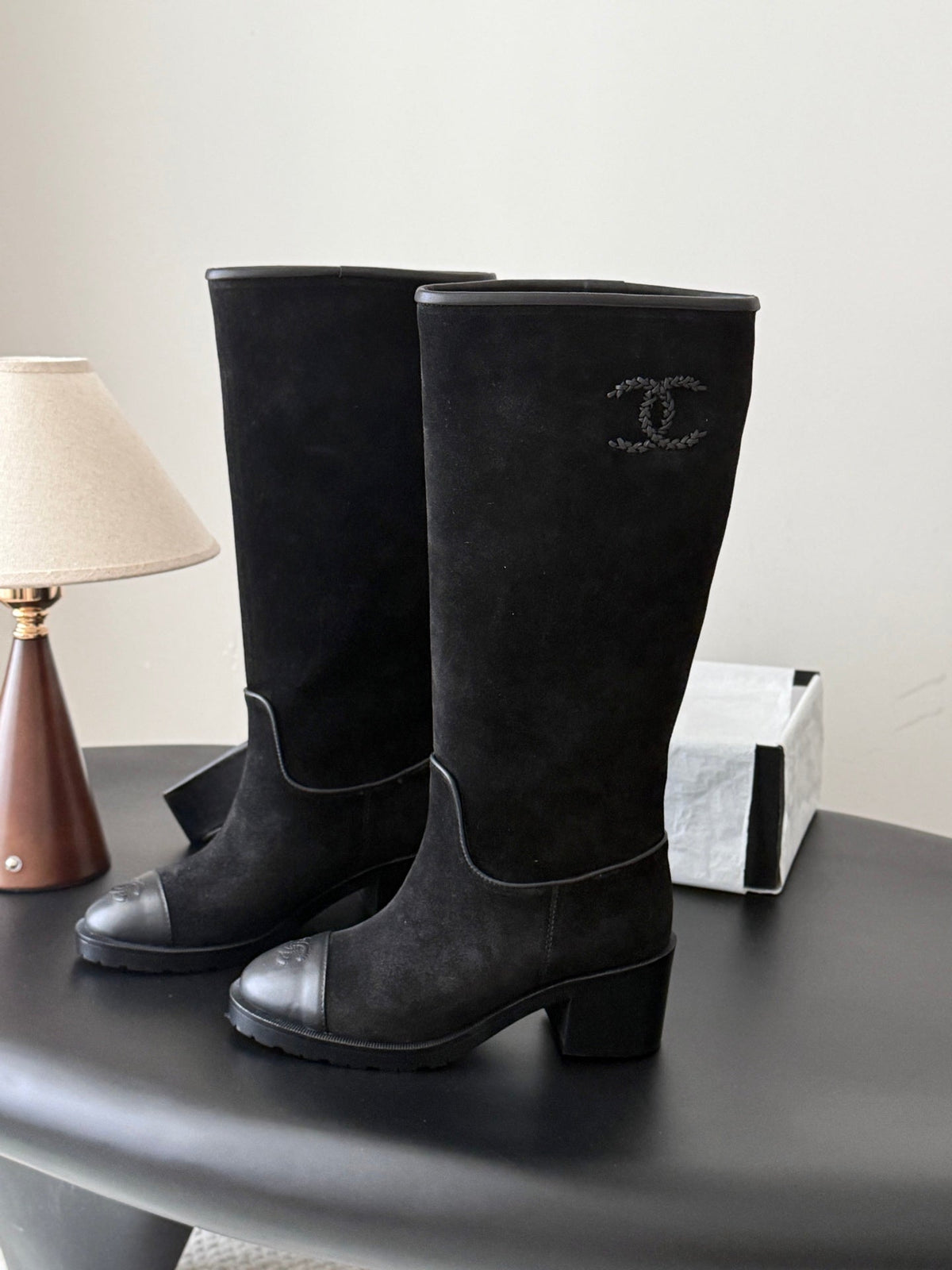 CC 26s Embroidered Logo Knee High Boots Black Black Suede 127791