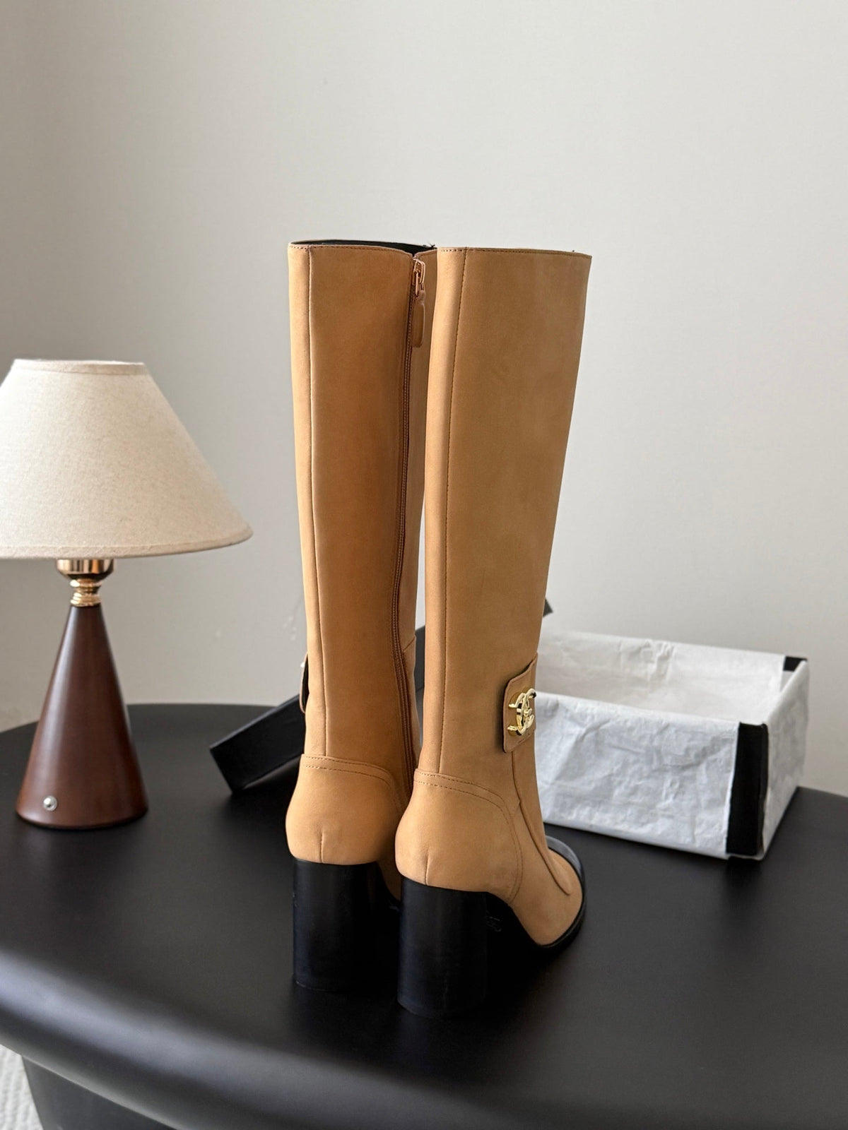 CC 26s Knee High Boots Beige Black Suede 127797