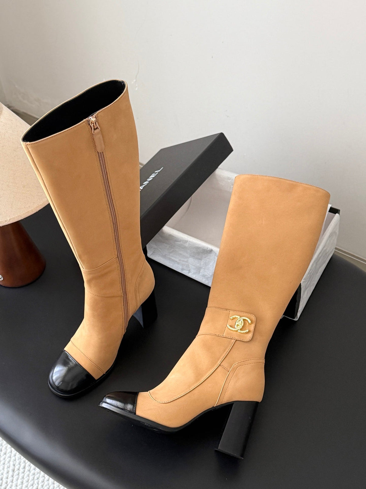 CC 26s Knee High Boots Beige Black Suede 127797