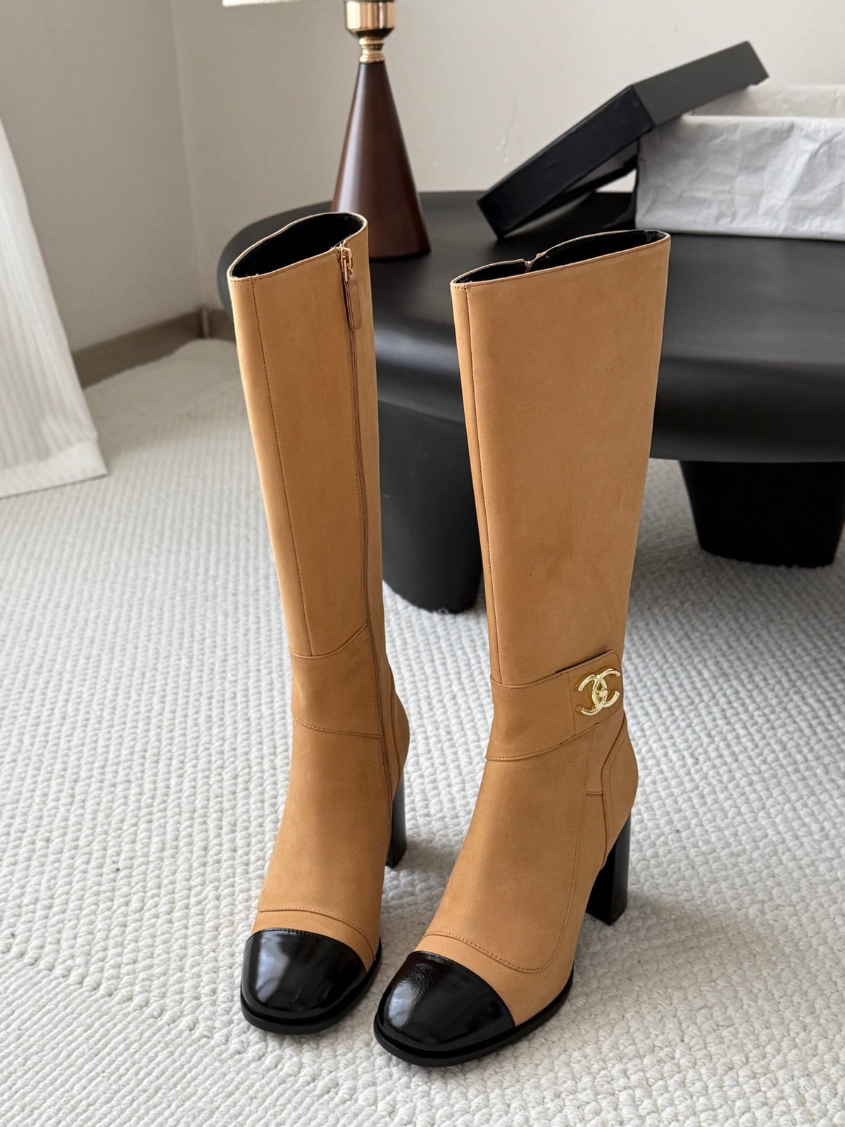 CC 26s Knee High Boots Beige Black Suede 127797