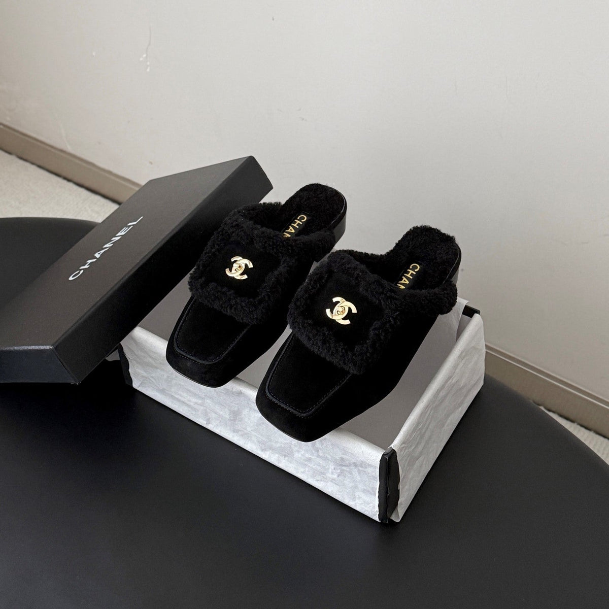 CC 26s Shearling Trim Suede Mules Black Gold 127800
