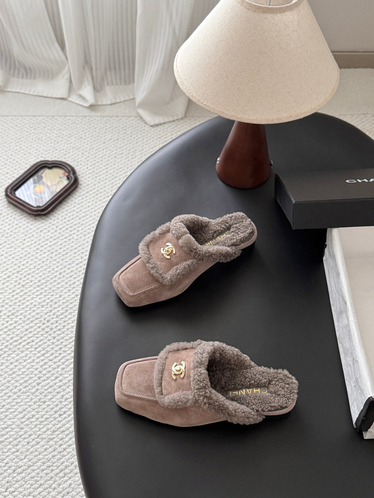 CC 26s Shearling Trim Suede Mules Grey Gold 127803