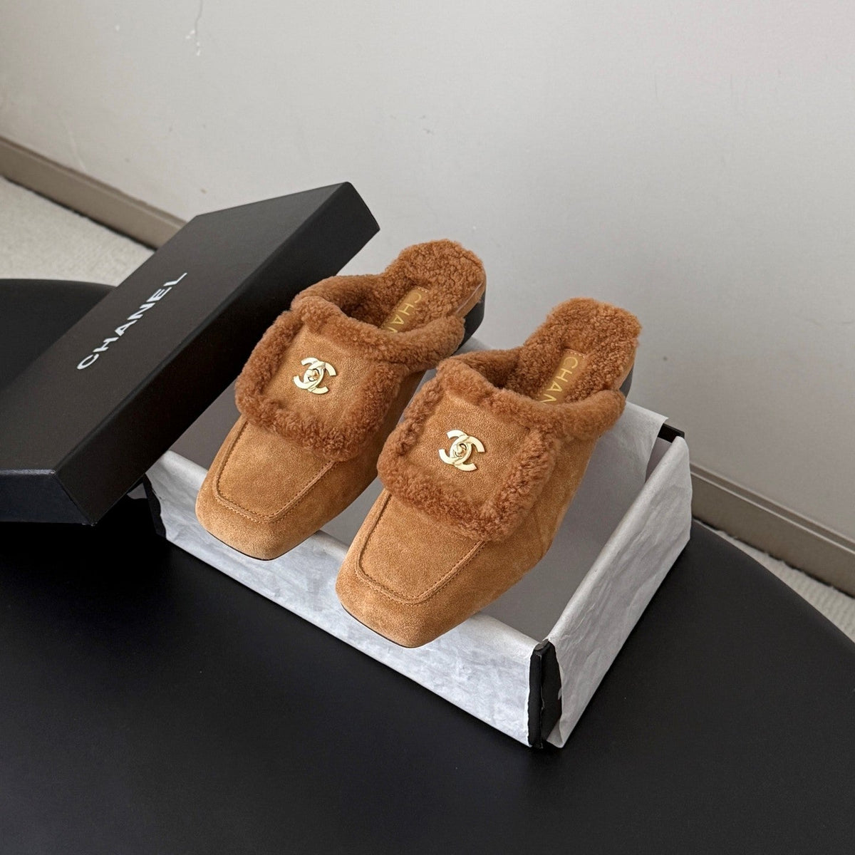 CC 26s Shearling Trim Suede Mules Brown Gold 127804