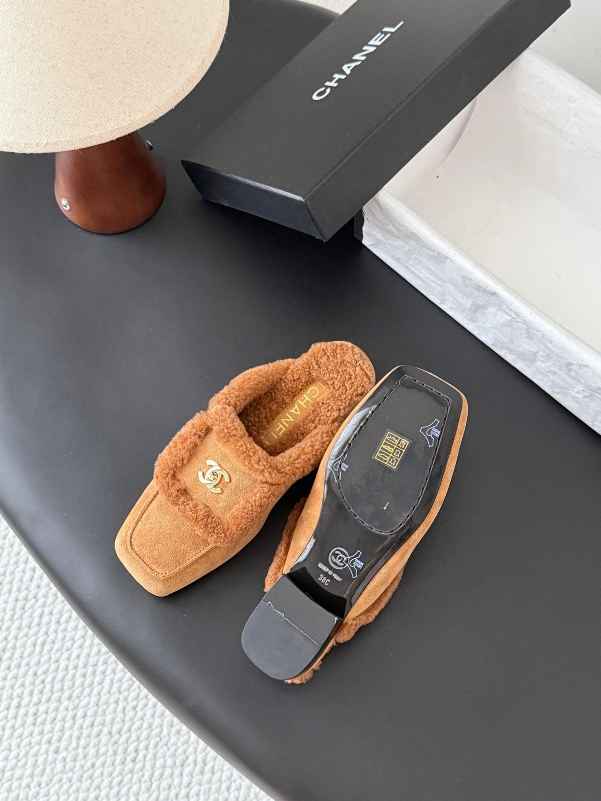 CC 26s Shearling Trim Suede Mules Brown Gold 127804