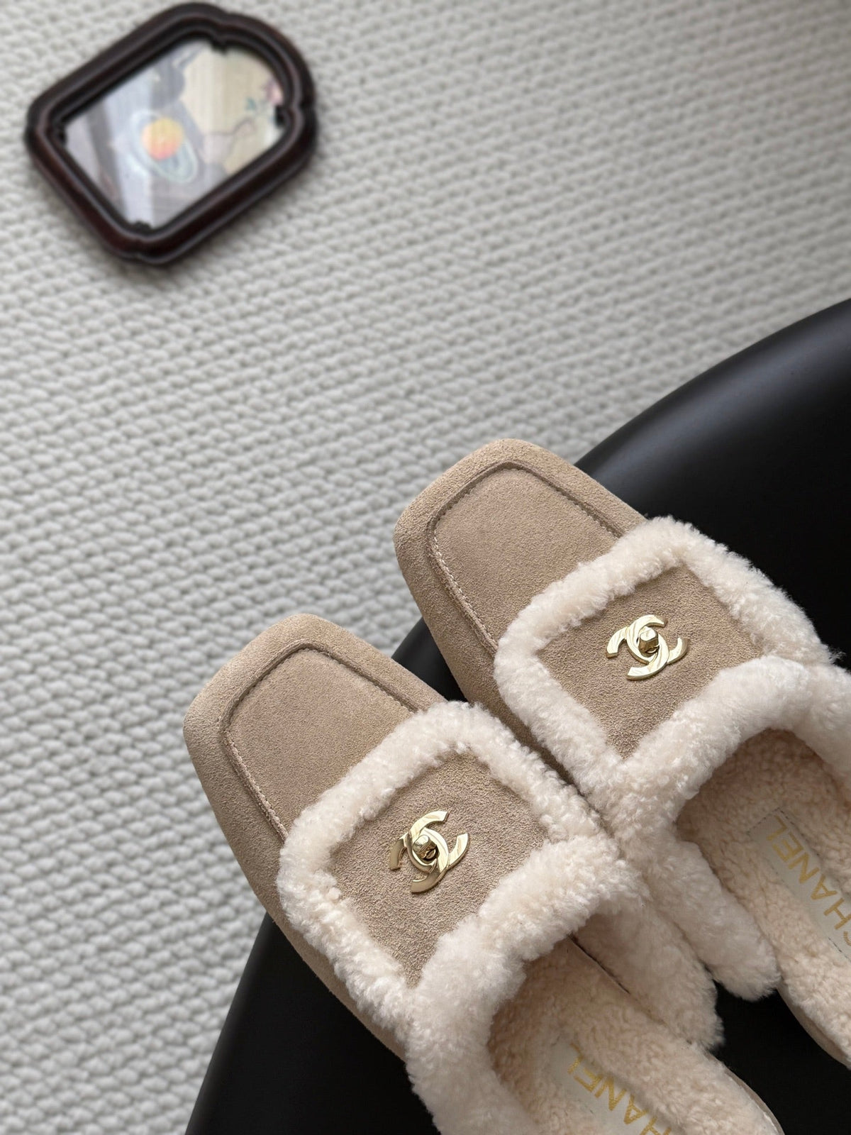 CC 26s Shearling Trim Suede Mules Beige Gold 127805