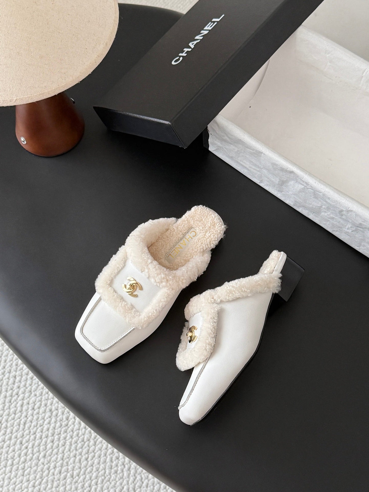 CC 26s Shearling Trim Leather Mules White Gold 127807