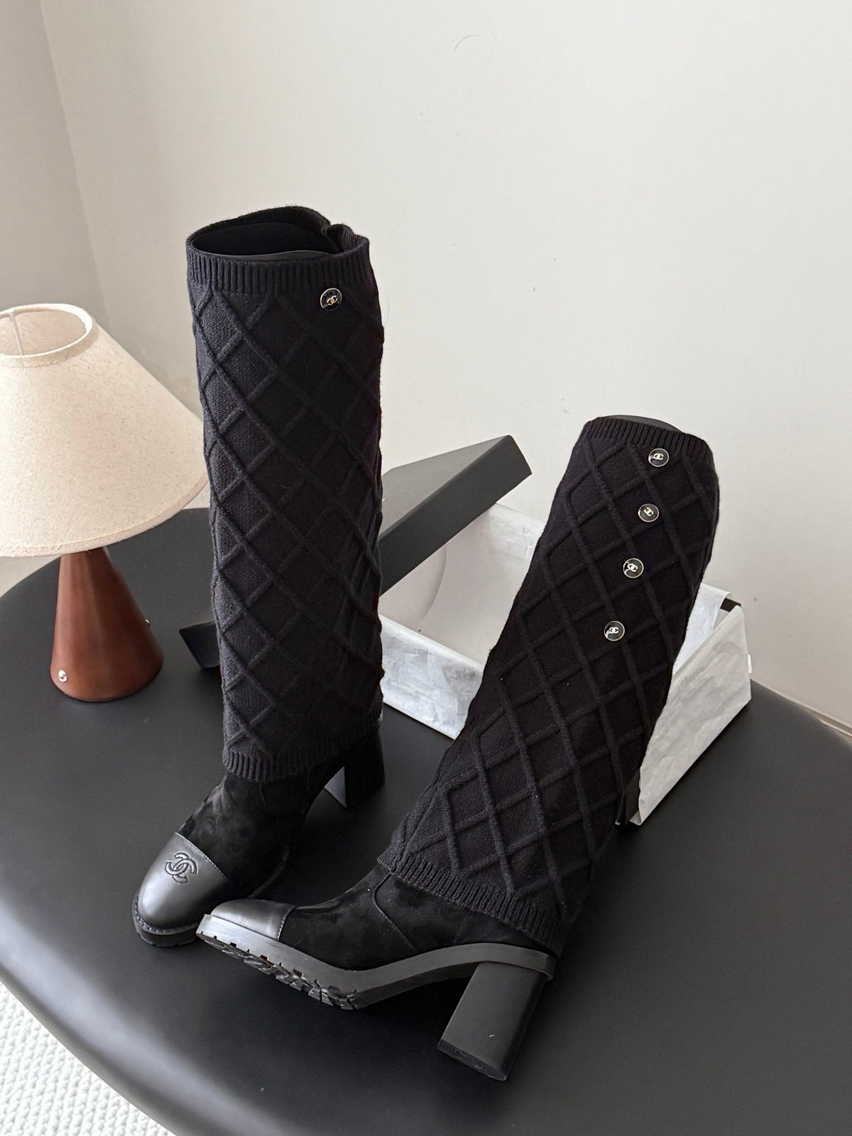 CC 26s Knit Leg Warmer Knee High Boots Black Suede 127816