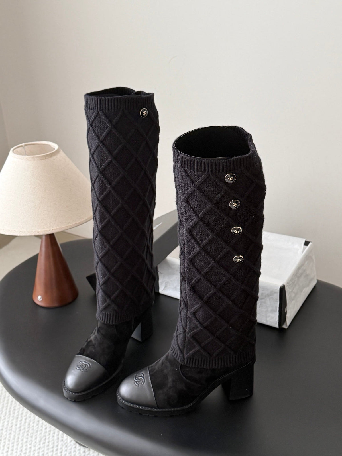 CC 26s Knit Leg Warmer Knee High Boots Black Suede 127816