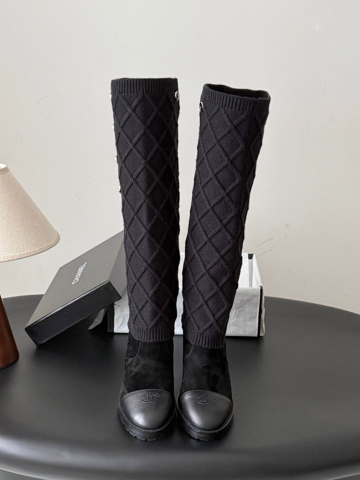 CC 26s Knit Leg Warmer Knee High Boots Black Suede 127816
