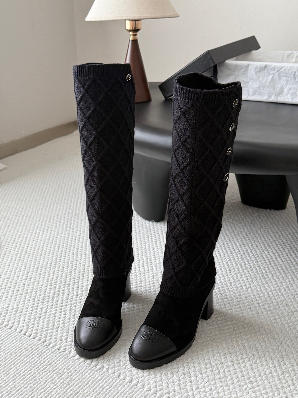 CC 26s Knit Leg Warmer Knee High Boots Black Suede 127816