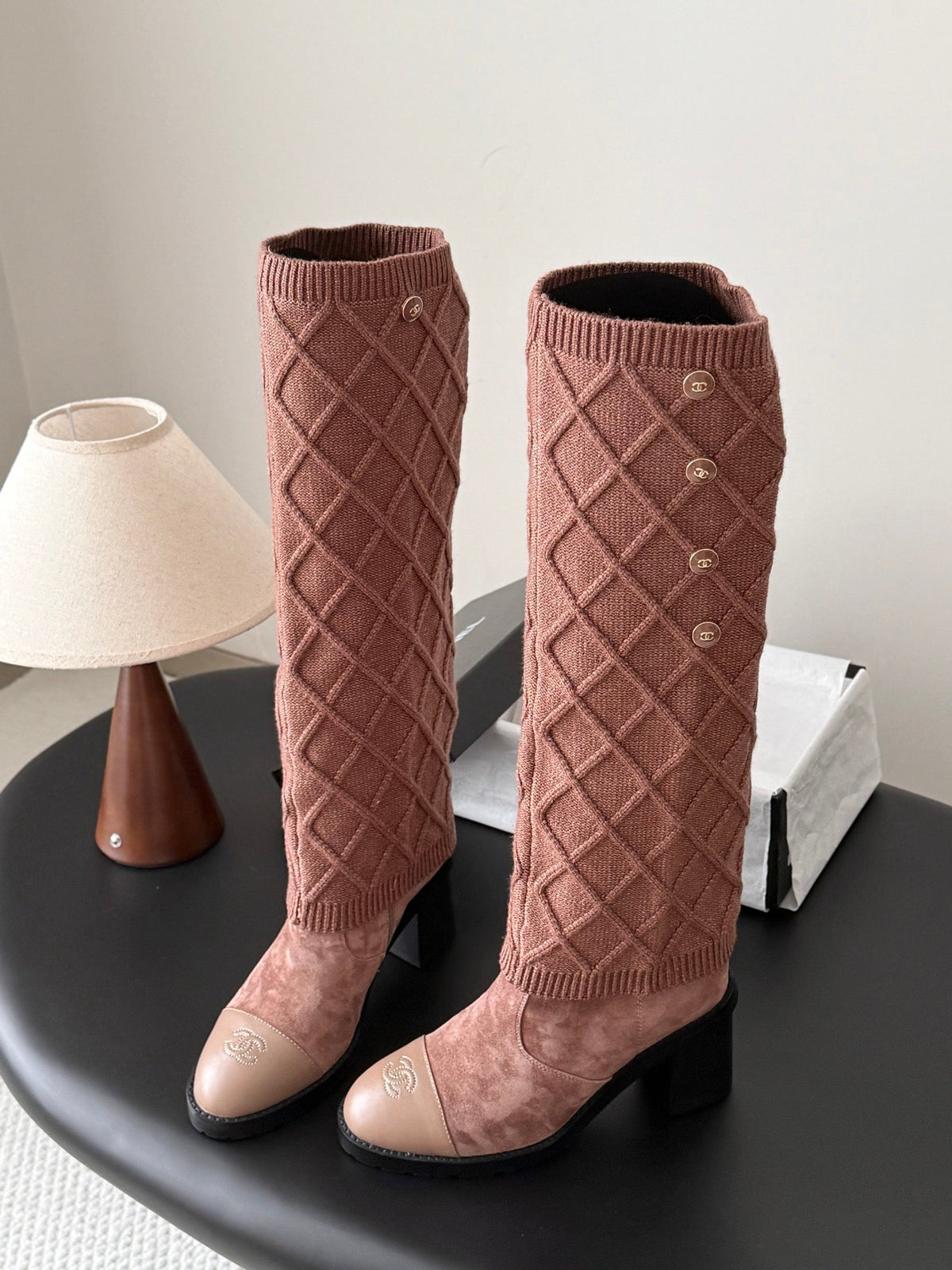 CC 26s Knit Leg Warmer Knee High Boots Brown Suede 127817