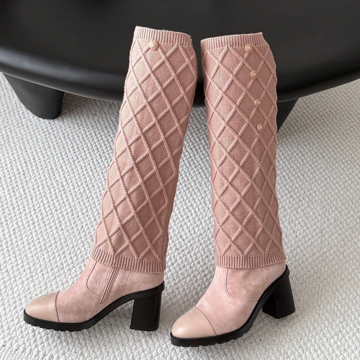 CC 26s Knit Leg Warmer Knee High Boots Beige Pink Suede 127818