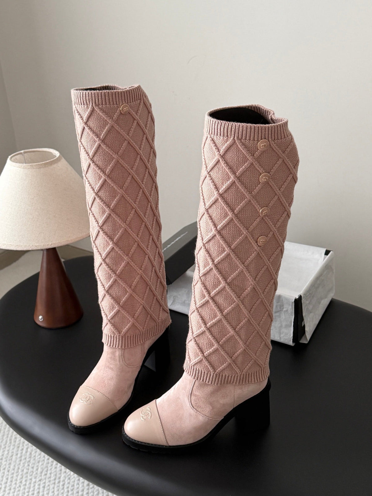 CC 26s Knit Leg Warmer Knee High Boots Beige Pink Suede 127818