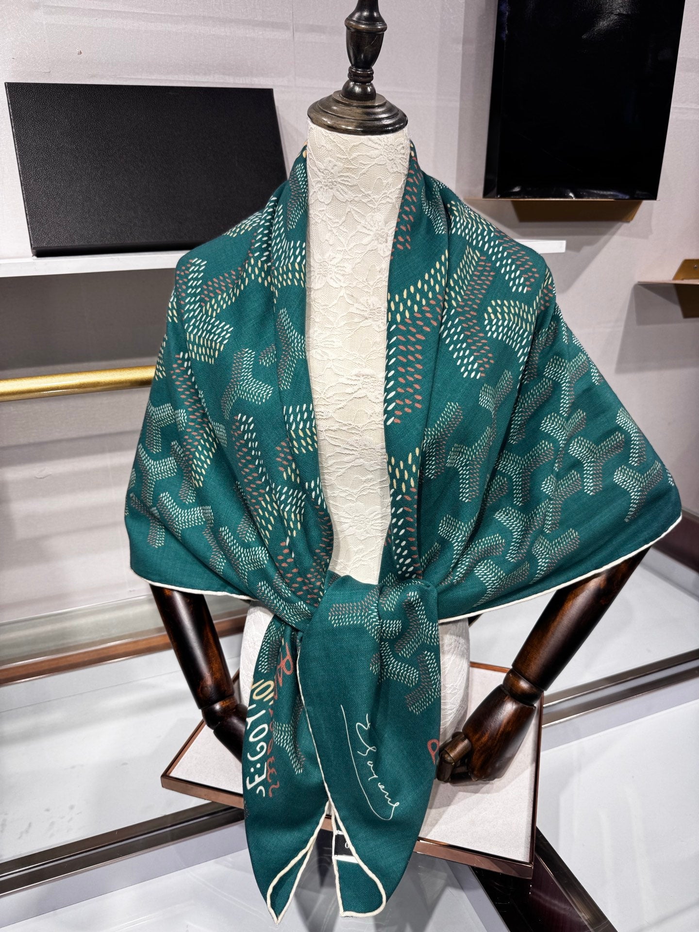 Goyard Shawl Scarf 140x140cm Teal Green Twill Silk 209993