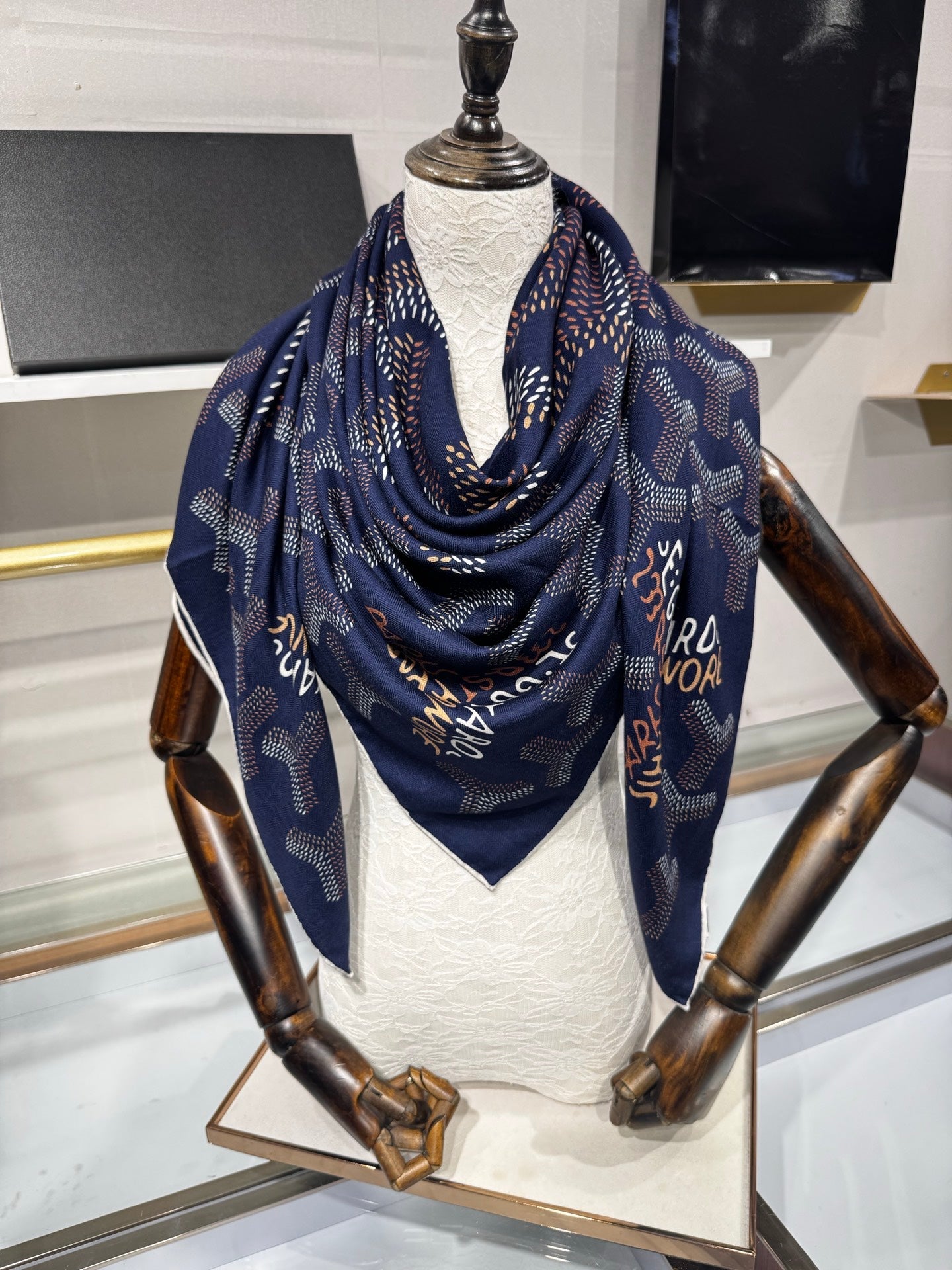 Goyard Shawl Scarf 140x140cm Navy Blue Twill Silk 209997