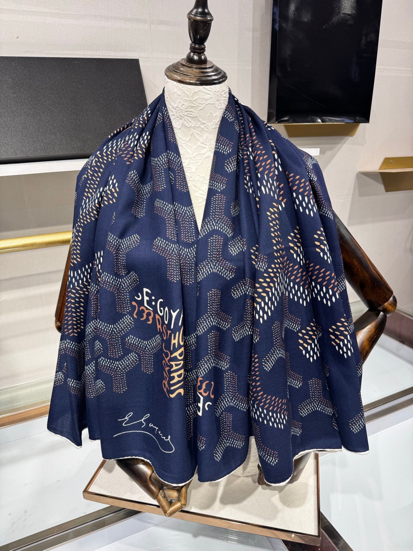 Goyard Shawl Scarf 140x140cm Navy Blue Twill Silk 209997